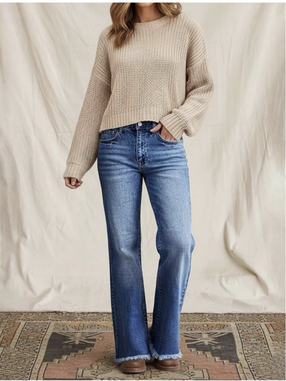 Flamingals Bootcut Jeans for Women Mid Waist Raw Hem Vintage Wash Stretchy With